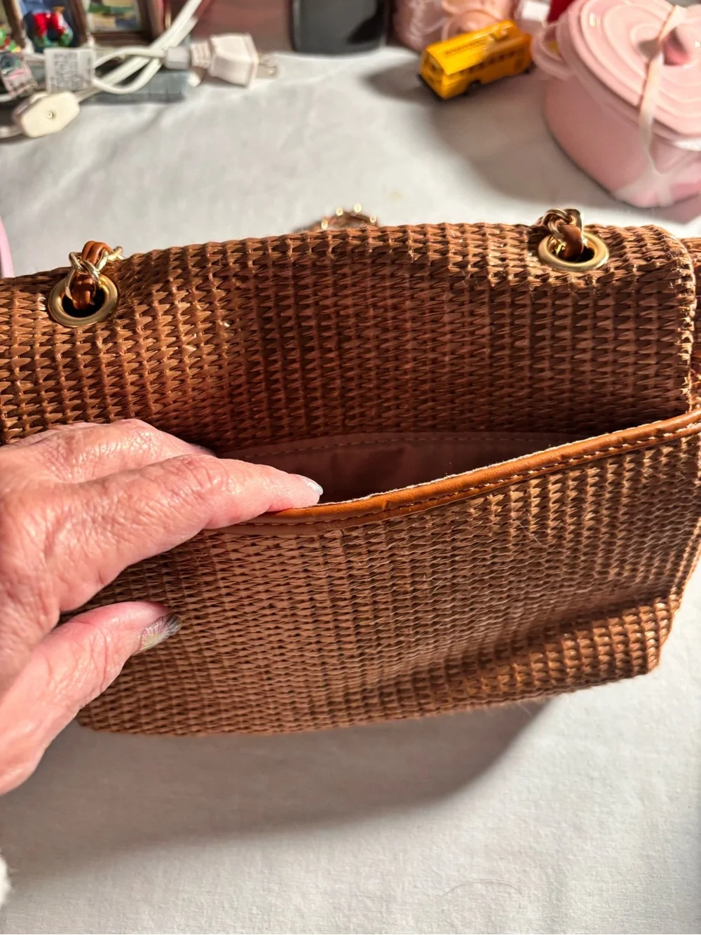 Woven Tan Crossbody Bag with Gold Chain Strap